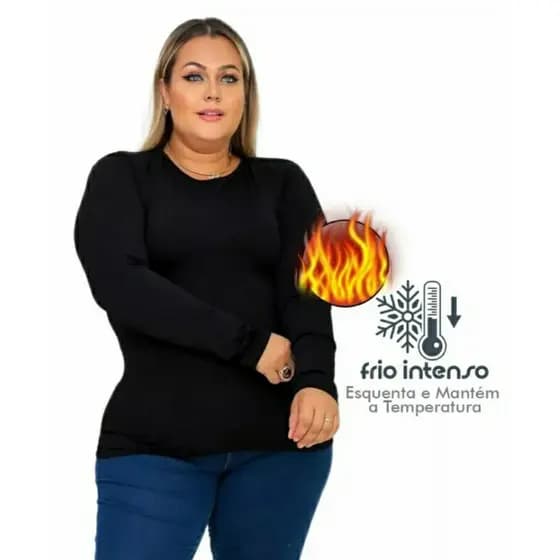 Blusa Feminina Térmica Plus Size Segunda Pele Manga Longa Peluciada Gola Redonda