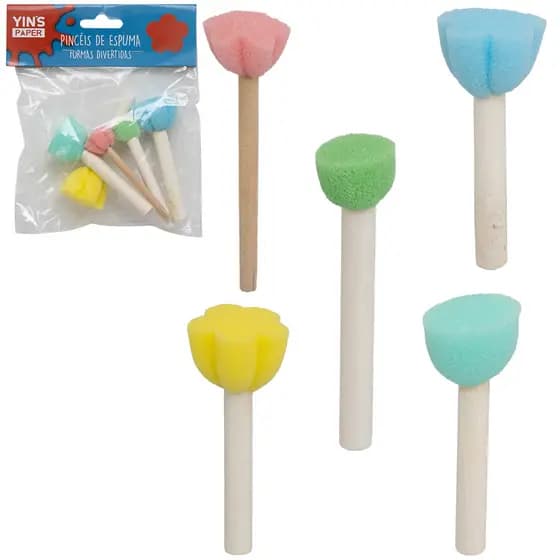 PINCEL DE ESPUMA FORMAS DIVERTIDS PARA PINTURA CABO MADEIRA YINS PAPER COM 5 PECAS