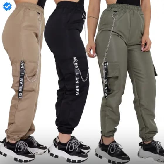 Calça Cargo Jogger Feminina Com Bolso Laterais com Corrente