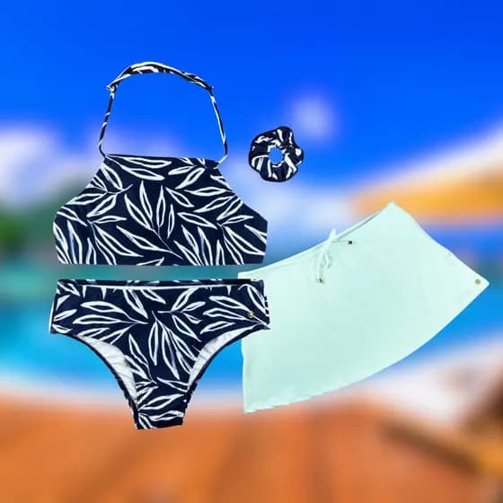 Kit 3 Peças Biquini Juvenil Saia Saida Praia Menina Grappin
