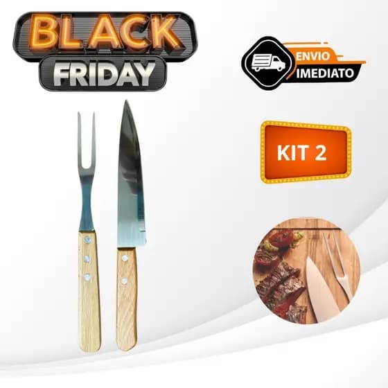 Kit De Churrasco Carne 2 Peças Faca Garfo em Inox Cabo Madeira
