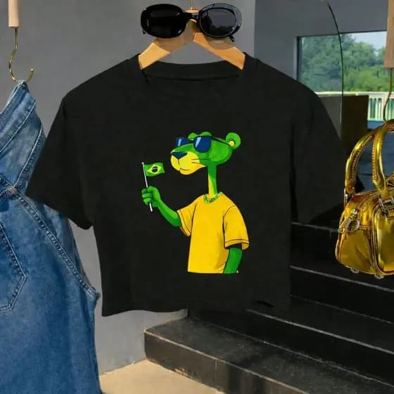Cropped Feminino Estampa Brasil Seleção Brasileira T-shirt Gola Redonda Manga Curta Copa do mundo