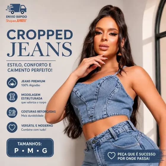 Cropped Top Jeans Feminino Premium Modelador 100% Algodão Sem Elastano Laicra Ajustável Nas Costas