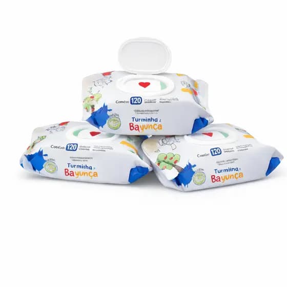 Kit 3 Toalhas Umedecidas Turminha da Bagunça 120 Folhas com Tampa