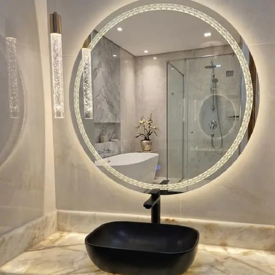 Espelho Redondo Jateado FLORAL com 3 TONS DE LED e botão TOUCH SCREEN, Quarto, Banheiro,Camarim