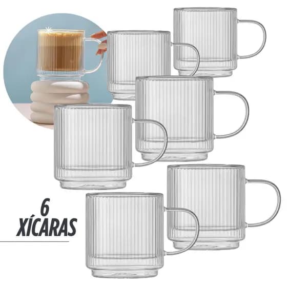 Conjunto 6 Xícaras 250 ml de Vidro Caneladas Canecas Multiuso Textura Canelado Café Lindas