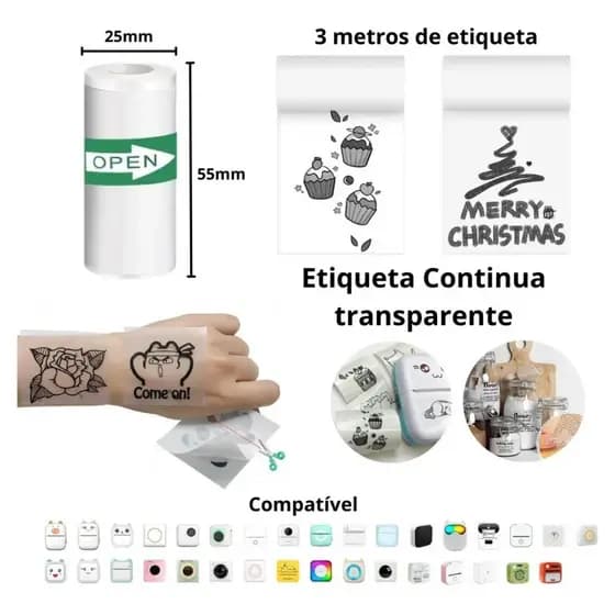 Bobina Rolo Adesiva Transparente Térmica Kit 1 ou 2 ou 3 ou 4 ou 5 - 57mm Mini Impressora Portátil