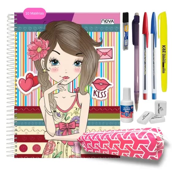 Caderno 10 Matérias Feminino Material Escolar Universitário Caderno 10 Matérias + Kit com 9 itens