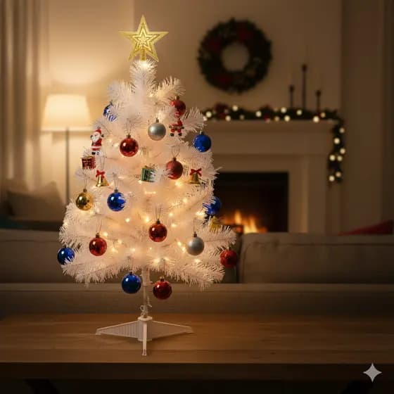 ARVORE NATAL 60CM BRANCA COMPLETA 50 GALHOS E PE PLASTICO COM ENFEITES E PISCA PISCA