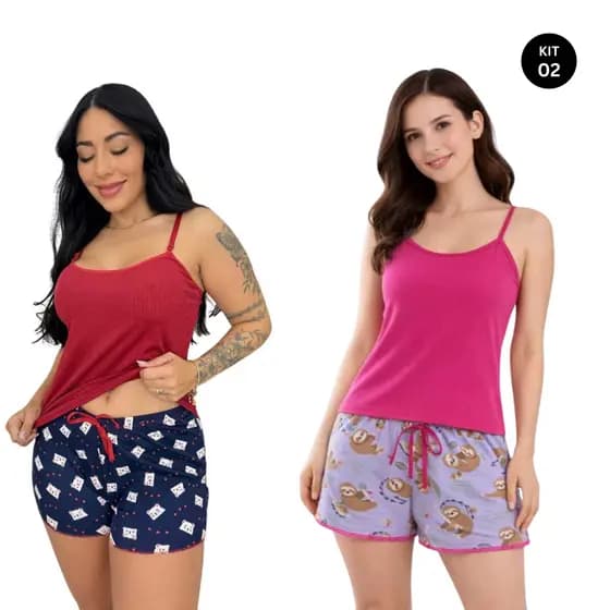 KIT Pijama Suede Canelado Adulto Linha-Noite-Confortável - Estampas do short variadas