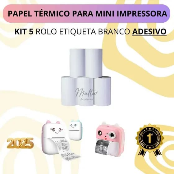 Kit 5 Bobina Etiqueta Térmica 57x3 Adesiva Branca Para Mini Impressora Portátil