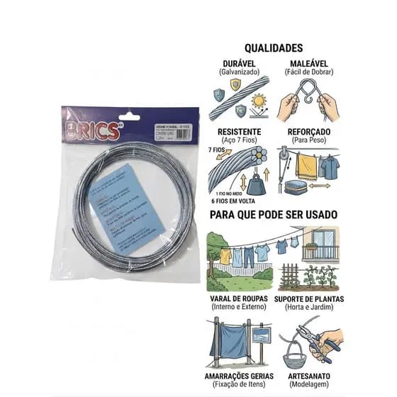 Cabo de Aço para Varal 7 Fios Galvanizado BRICS para Roupas e Jardinagem