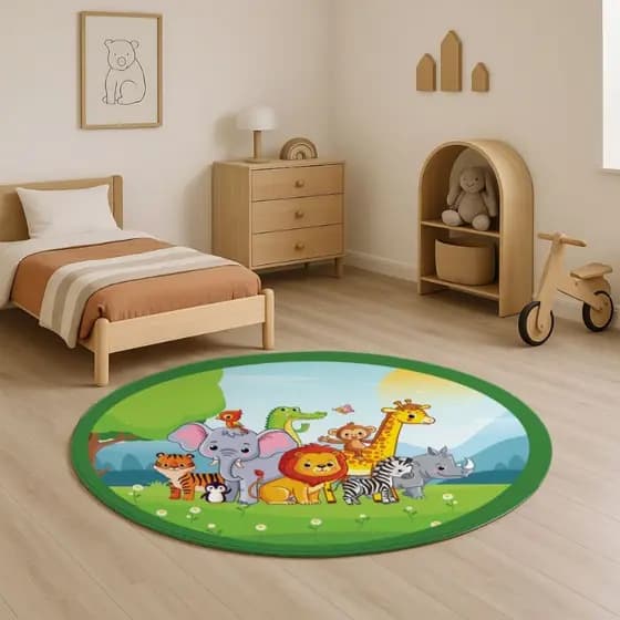 Tapete Tatame Antiderrapante Emborrachado Quarto Criança Bebe Menino Menina Safari Savana Verde Oval