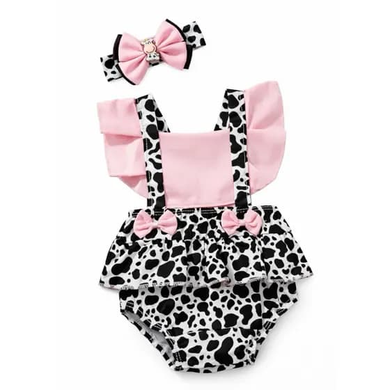 Romper body borie bodi Jardineira Vaquinha Fazendinha + Laço com aplique