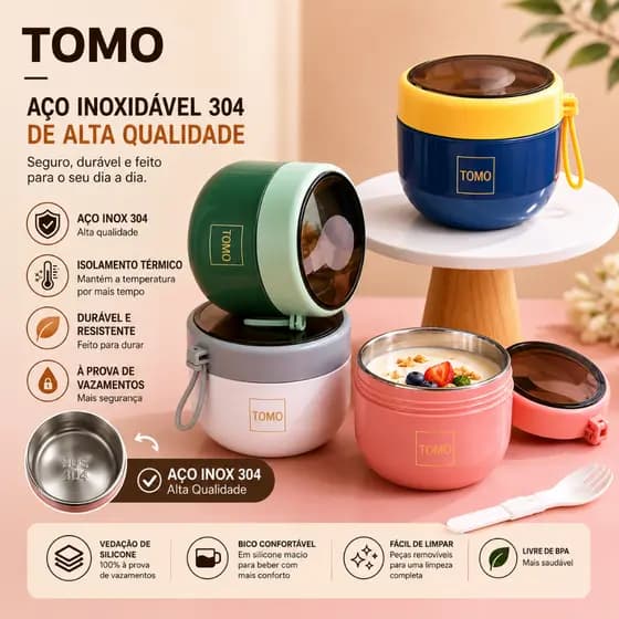 Marmita Inox 304 isolamento 600ML bloqueio de temperatura e reservação de calor Armazenamento de comida para bebês TOMO