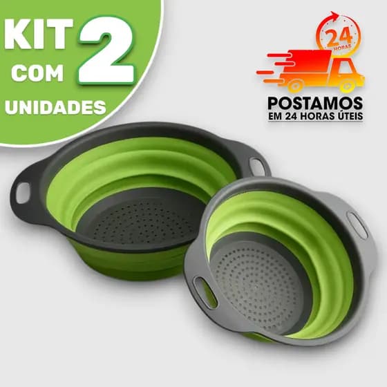 Conjunto Escorredor Dobrável em Silicone Para Frutas e Legumes - Kit com 2 (Verde e Cinza)