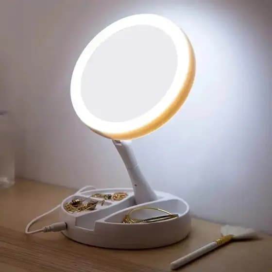Espelho Dobrável com Luz de LED – Compacto para Maquiagem e Rotina Diária