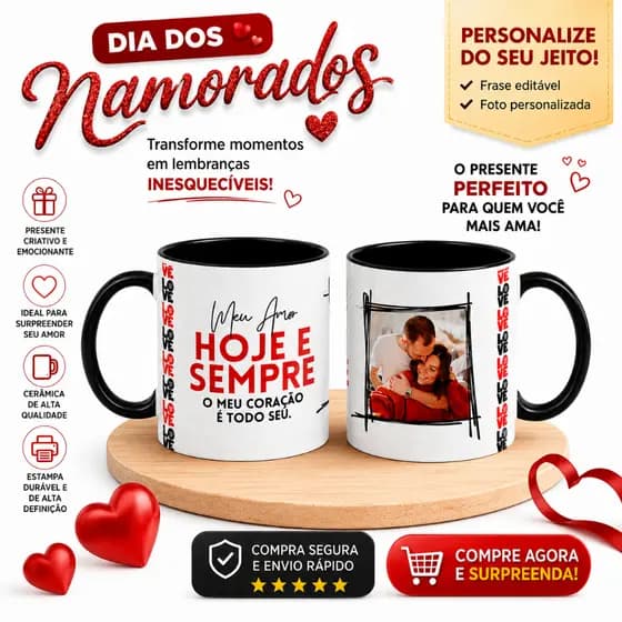Caneca Personalizada com Foto e Frase Romântica Xícara Casal Namorado Presente Criativo Amor
