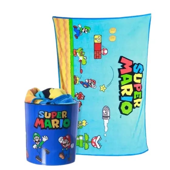 Kit Super Mario Cobertor Manta Com Balde De Pipoca Kit Gamer