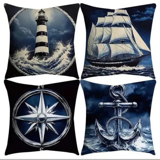 KIT 4 CAPAS PARA ALMOFADAS DE LUXO PERSONALIZADAS ANCORA NAVIO CAVALO MARINHO FAROL