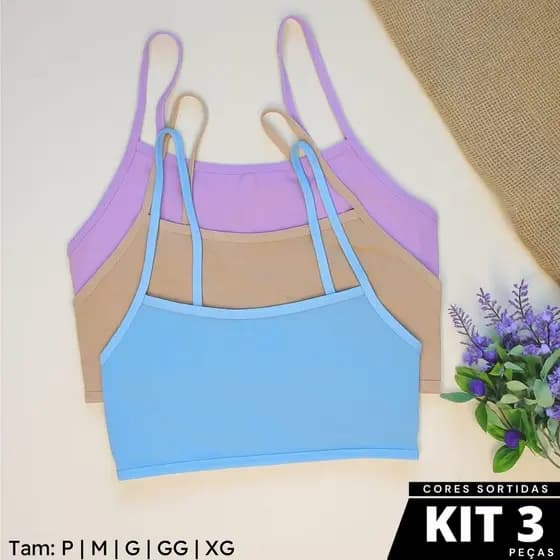 Kit 3 Top Sutiã Infantil Juvenil Sem Bojo Fácil de Vestir Algodão Cotton Malu Cores Sortidas