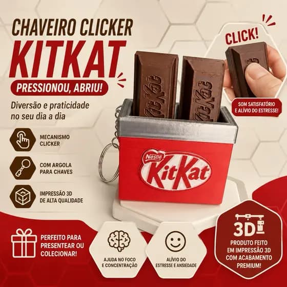 Chaveiro Clicker KitKat Impressão 3D | Antiestresse Fidget Toy com Clique Satisfatório