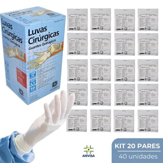 Luva Cirúrgica Estéril Latex Com Pó Descartável Descarpack kit 20 pares 40 Unidades