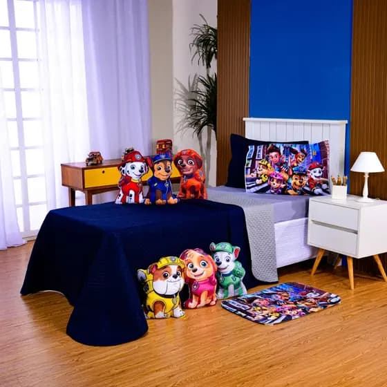 Kit Cobre Leito Infantil Patrulha Canina Completo - Jogo de Cama com 6 Almofadas Personagens