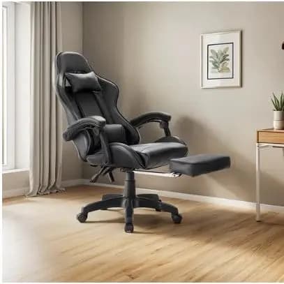 Cadeira Escritório Gamer Ergonômica Reclinável Apoio Para os Pes Preto Couro Sintético