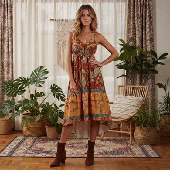 Europeu americano Retro caju flor impressão com decote em V estilingue vestido boêmio cintura alta Irregular vestido de