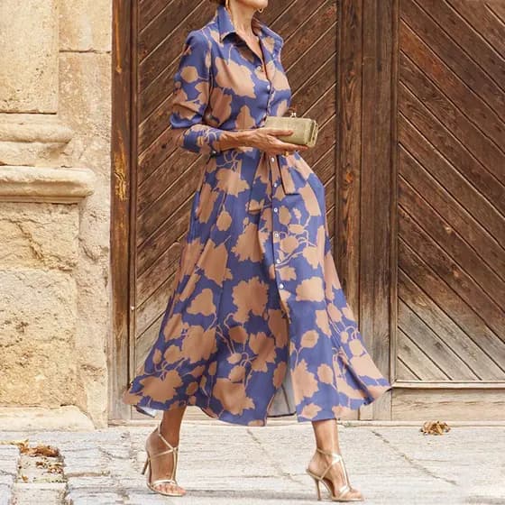 Novas senhoras transfronteiriças moda temperamento impresso vestido de comprimento médio