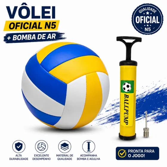 Bola Vôlei Oficial N5 + Bomba de Ar Kit Voleibol Treino Jogo Quadra Praia Durável