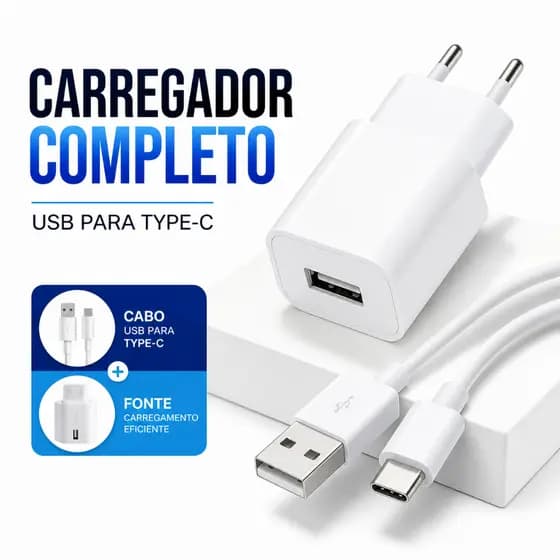 Carregador Tipo C Carregamento Rápido Completo Fonte + Cabo Tipo C x USB 1m Compativel Xaomi Samsung Motorola IOS