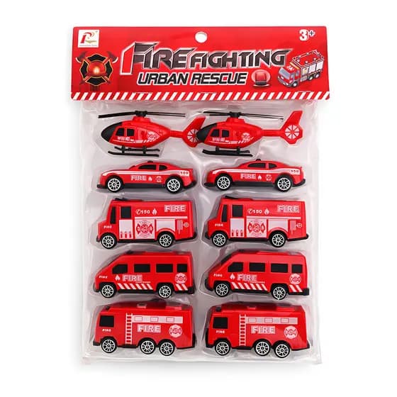 Kit 10 Mini Carrinhos de Bombeiro Fire Fighting - Vermelho