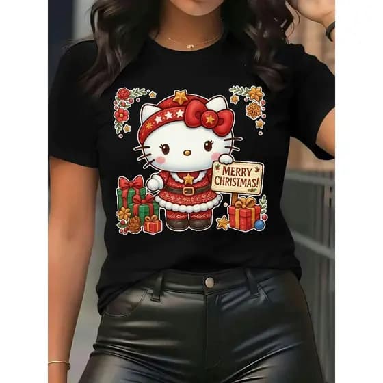 Camiseta Natal Geek Sanrio hello kitty Merry Christmas T-Shirt Preto Manga Curta Gola Design Festivo ENVIO IMEDIATO