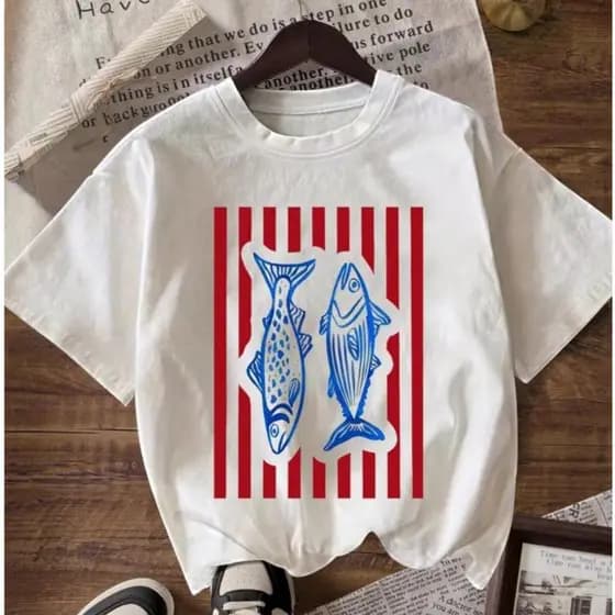 Camiseta Feminina e Masculina Lata Sardinhas Sardines Listras Camisa Casual Unissex