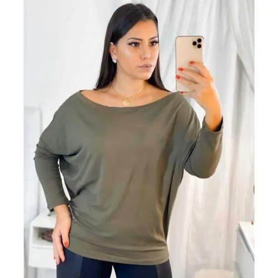 Blusa Assimetrica Canoa ombro a ombro manga Longa