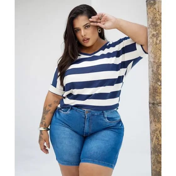 Blusa Plus Size Listrada Tshirt Manga Dobrada Tendência