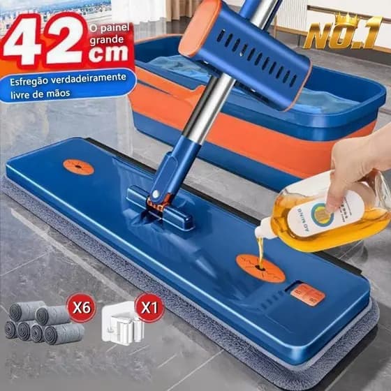 Kit Esfregão Premium com Balde Dobrável Mop de Microfibra 2 em 1 + Raspador Alça Inox Ajustável S10
