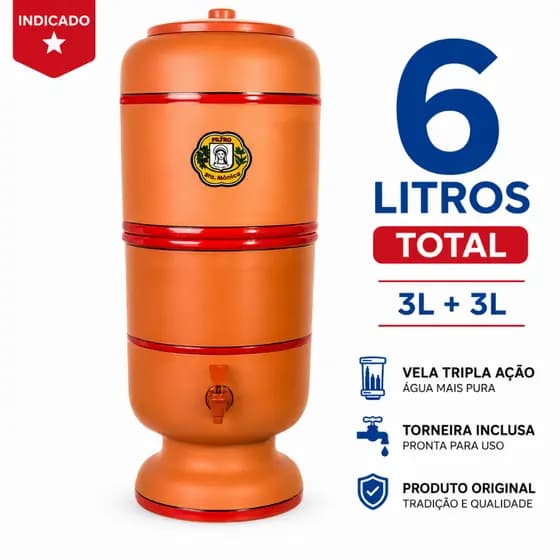 Filtro de Barro 6 Litros Tradicional COMPLETO com Vela Tripla Ação, Torneira, Boia e Tampa