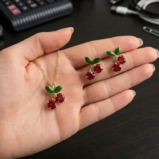 Colar e Brinco Cereja Folheado a Ouro 18k A Prata 925 Delicado Atemporal Delicado