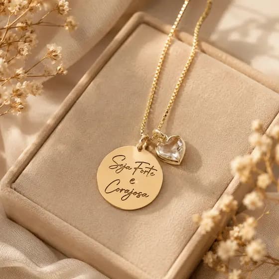Colar Seja Forte e Corajosa Medalha Feminina com Ponto de Luz Banhado Ouro 18K ou Prata Presente Delicado