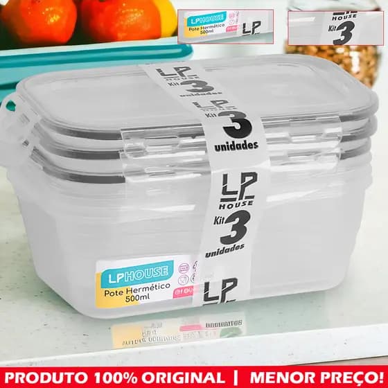 Kit 3 Potes Hermético 500 Ml, Plástico Resistente Tampa Trava Vedação Silicone, Marmita Organizador, Microondas, Freezer