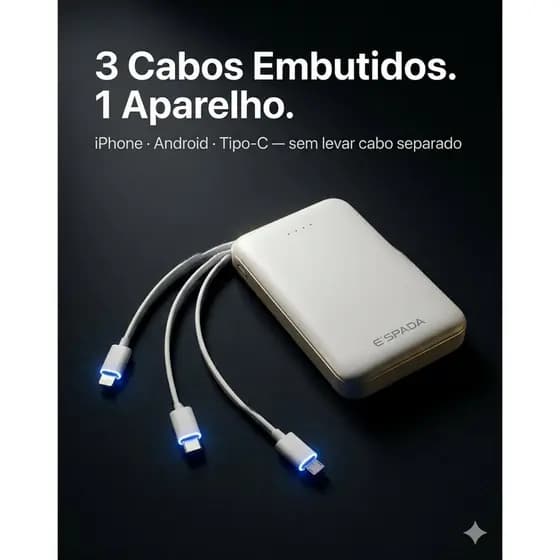 Power Bank 10000mAh E'Spada BTE-28E Cabo 3em1 Embutido Lightning Tipo-C V8 Carregador Portátil