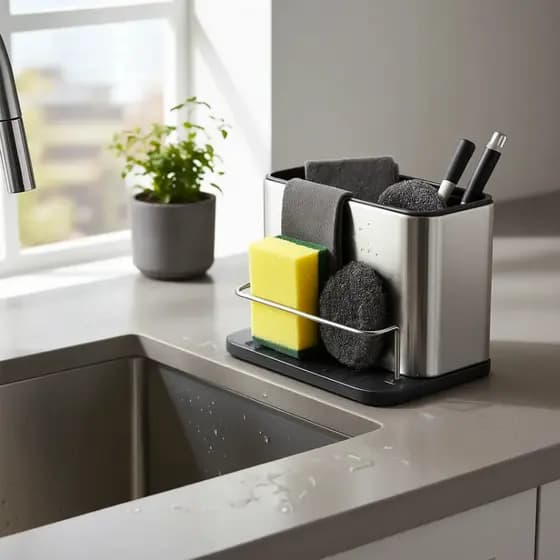 Organizador de Pia Inox com Suporte para Esponja com Porta Detergente e Escova Drenagem Antimofo
