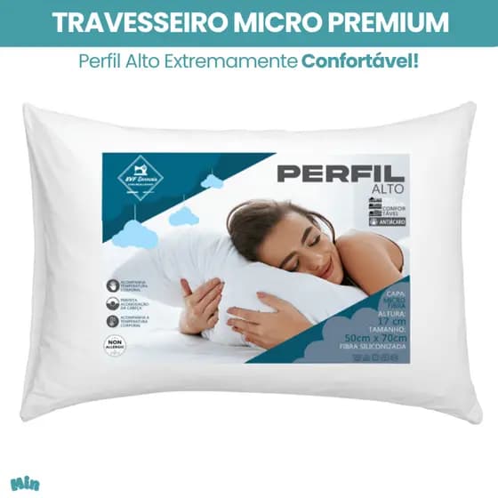 Travesseiro Perfil Alto Extra Macio 70x50 Tecido 100% Micro Premium Almofada Confortavel Antialergico