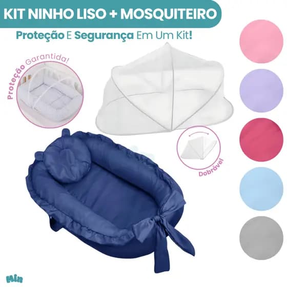Ninho Redutor De Berço Menina Menino Liso Com Laço e Mosquiteiro Protetor Universal