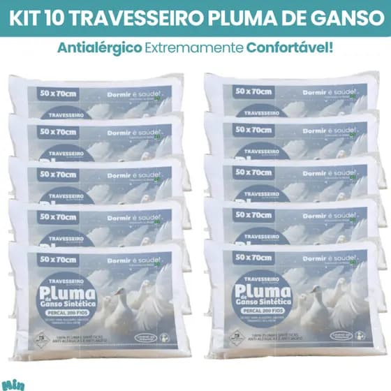 Jogo 10 Travesseiros de Pluma De Ganso Premium Extra Macio 70x50cm Percal 200 fios 100% Algodão