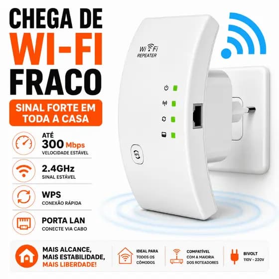 Repetidor de Sinal WiFi 300Mbps Amplificador de Sinal Wireless Bivolt WPS Porta LAN 2.4GHz DR4