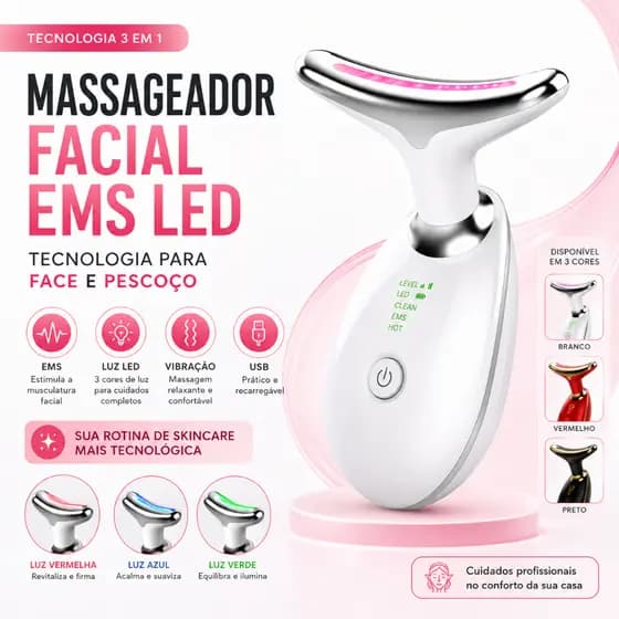 Massageador Facial LED EMS Vibração Bivolt Lifting Rejuvenescimento Facial Pescoço Anti Rugas USB